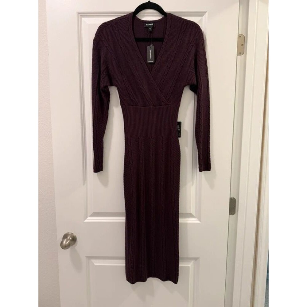 NWT Express Cable Knit Sweater Dress XS Plum V Neck Midi Long Sleeve Fitted